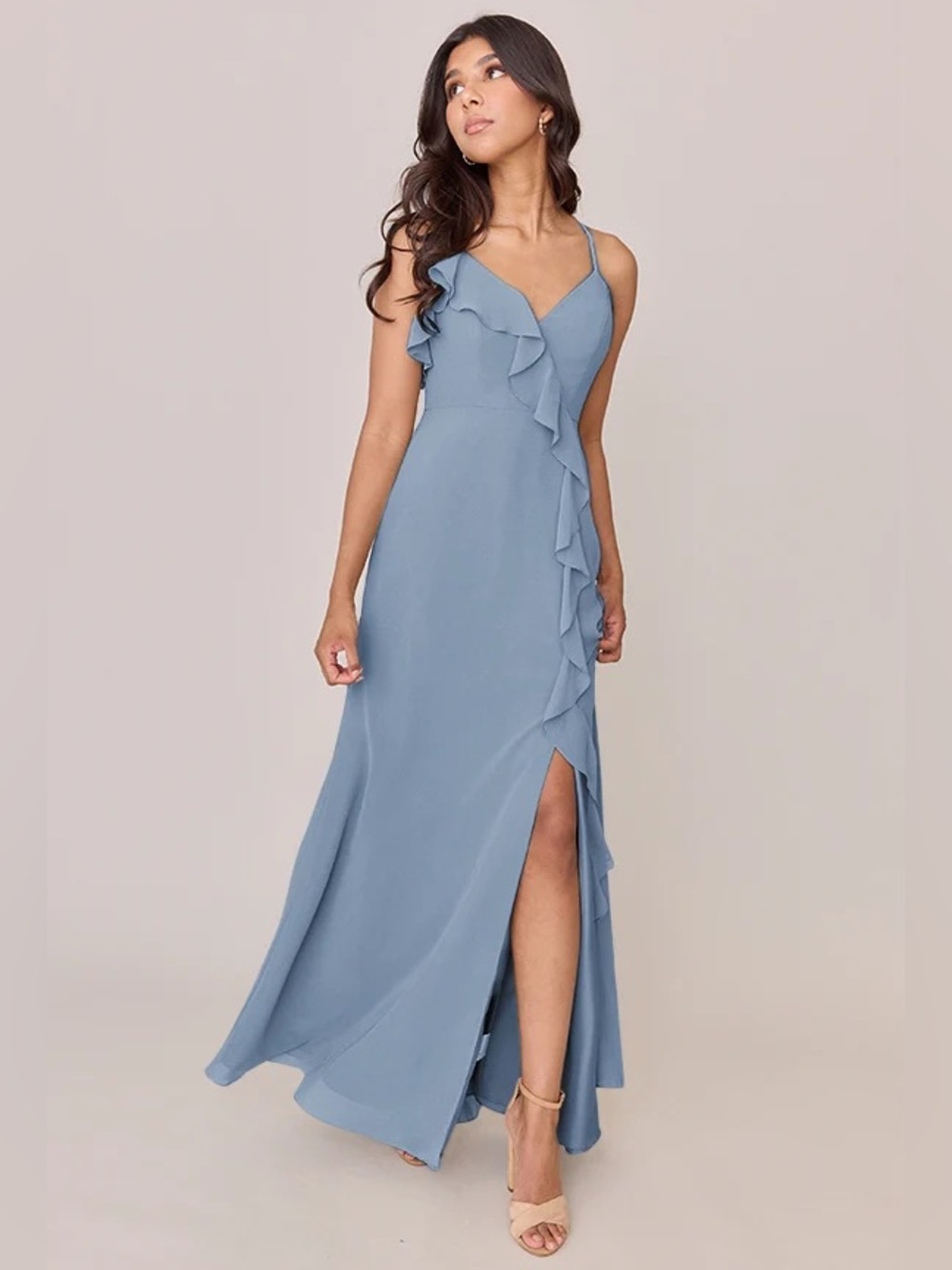 Revelry French Blue Ruffle Maxi Gown with Slit